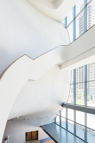 Interior of National Taichung Theater with white curved walls and large glass windows