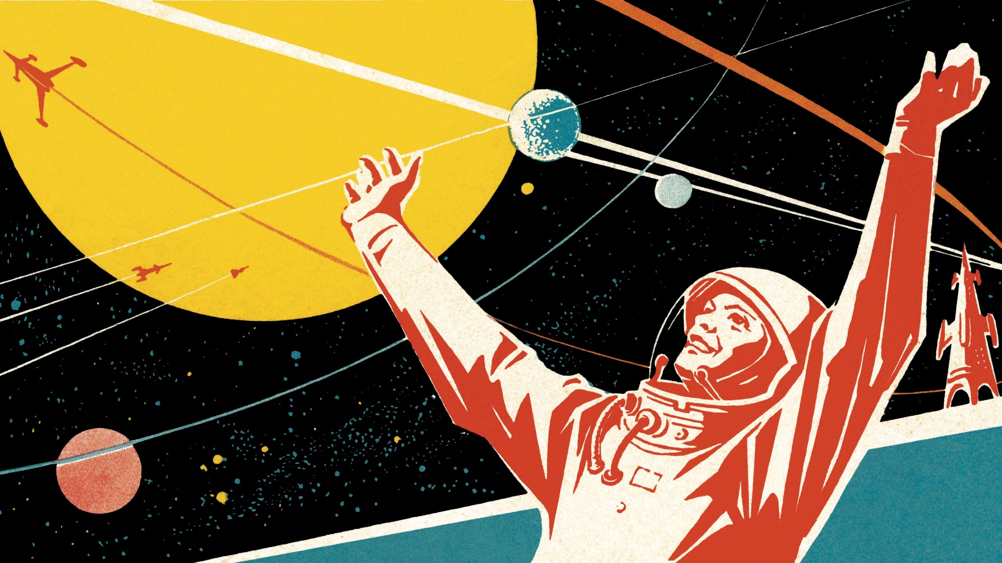 Illustration of an astronaut in space surrounded by planets