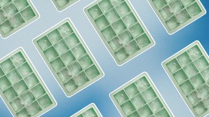 Green ice cube trays on blue background
