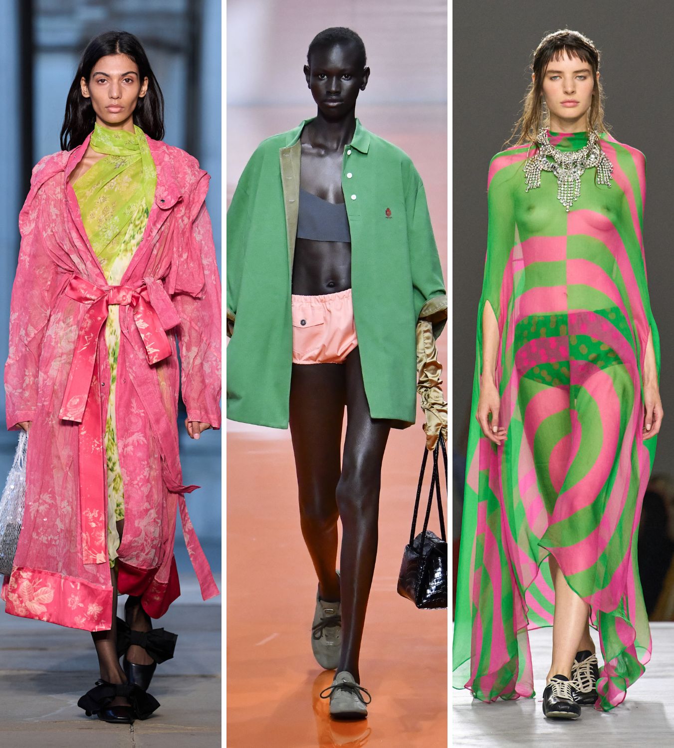 models wearing pink and green at erdem ss26, prada ss26, dries van noten ss26 shows