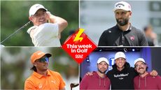 Rory McIlroy hits a driver (top left), Jon Rahm looks on (top right), Rickie Fowler looks on (bottom left) and Grant Horvat stands in between the Bryan Bros at a TGL event (bottom right)