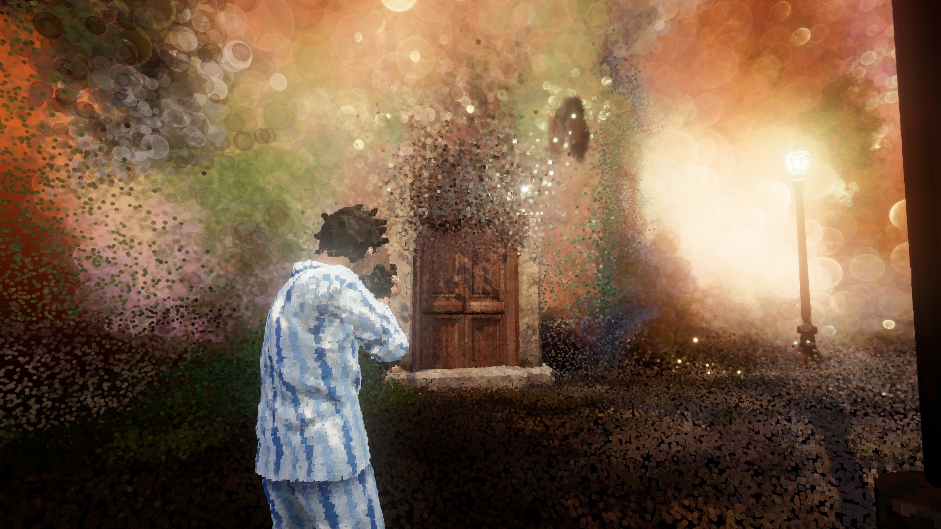 Dreams of Another PSVR2 screenshot showing a man in a dream-like scape pointing a gun and wearing striped pajamas