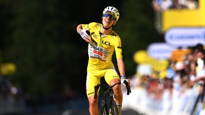 LE LIORAN, FRANCE - JULY 14: Tadej Pogacar of Slovenia and UAE Team Emirates - XRG - Yellow Leader Jersey celebrates at finish line as stage winner during the 113th Tour de France 2026, Stage 10 a 166.6km stage from Aurillac to Le Lioran 1240m / #UCIWT / on July 14, 2026 in Le Lioran, France. (Photo by Tim de Waele/Getty Images)