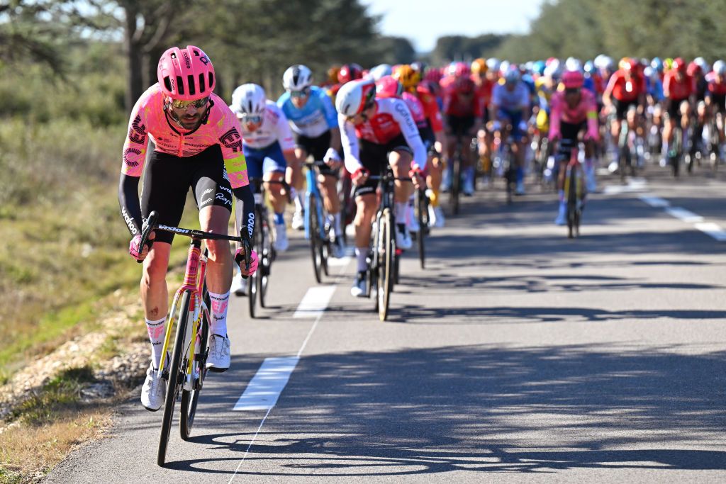 MEJANNESLECLAP FRANCE FEBRUARY 03 Simon Carr of The United Kingdom and Team EF Education EasyPost attacks during the 54th Etoile de Besseges Tour du Gard Stage 4 a 15848km stage from MejannesleClap to MejannesleClap on February 03 2024 in MejannesleClap France Photo by Luc ClaessenGetty Images