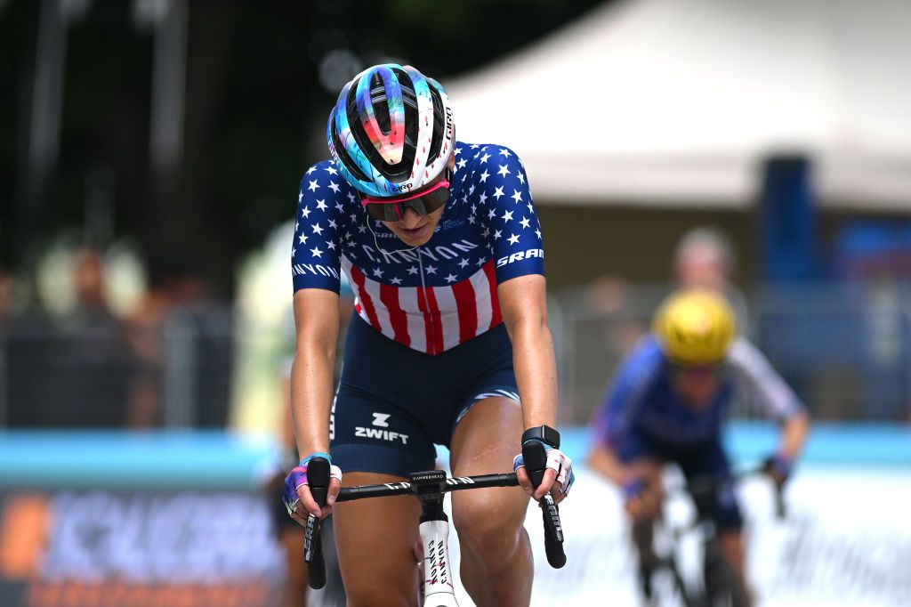 CANELLI ITALY JULY 05 Chloe Dygert of The United States and Team CanyonSRAM Racing crosses the finish line during the 34th Giro dItalia Donne 2023 Stage 6 a 1044km stage from Canelli to Canelli 315m UCIWWT on July 05 2023 in Canelli Italy Photo by Dario BelingheriGetty Images