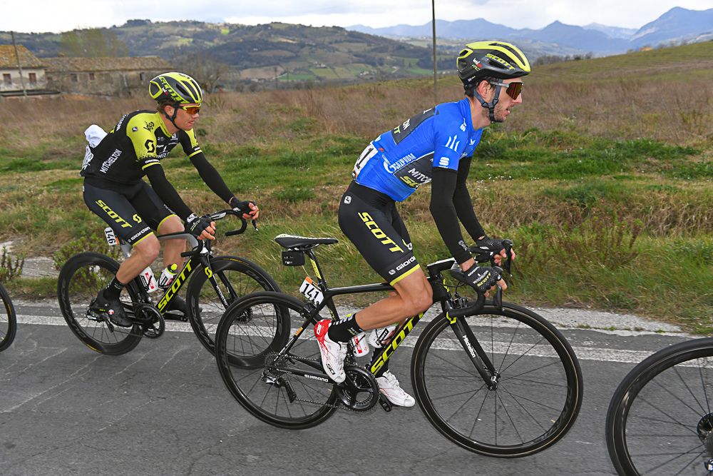 Adam Yates in blue during stage 6 at Tirreno-Adriatico