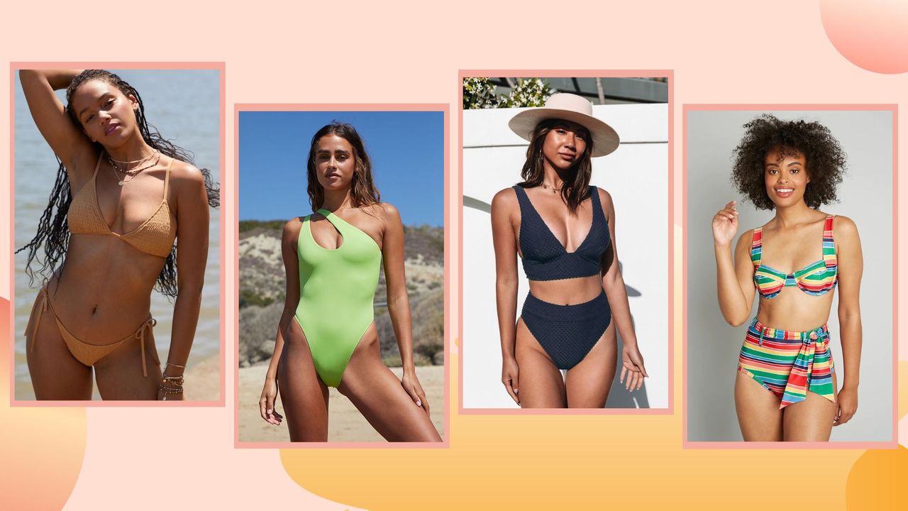 four lifestyle images of models wearing My Imperfect Life&#039;s affordable swimwear picks on a coral background with orange ombré patterns