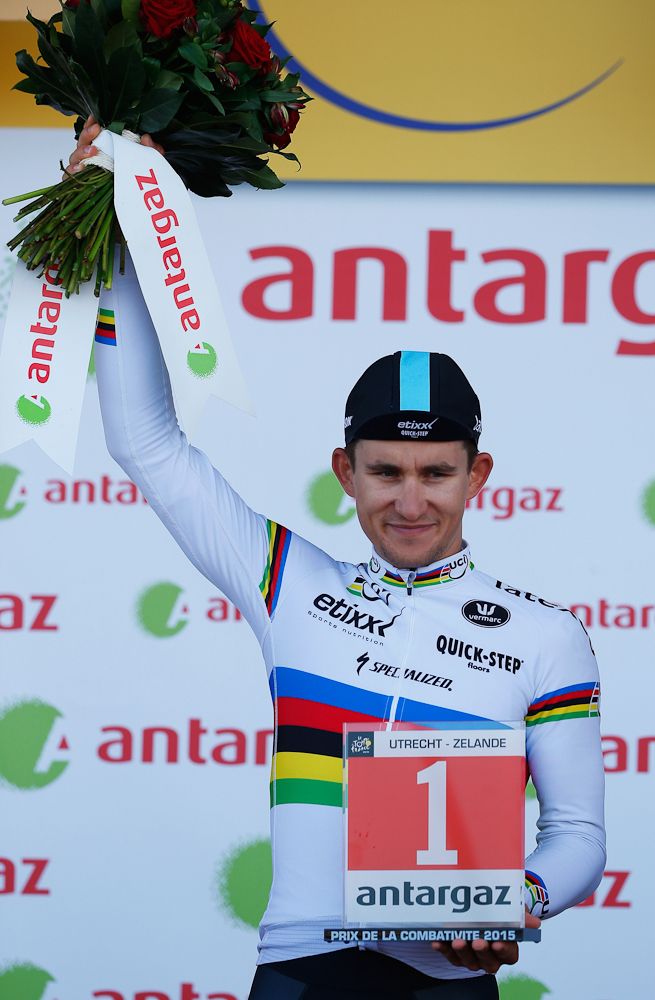 Michal Kwiatkoswki on the stage 2 podium for most combative rider.