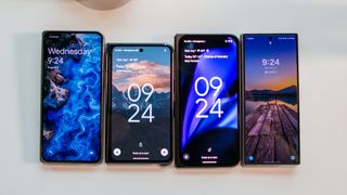 Pixel 9 Pro Fold next to Pixel Fold, OnePlus Open and Galaxy Z Fold 6 showing cover screens