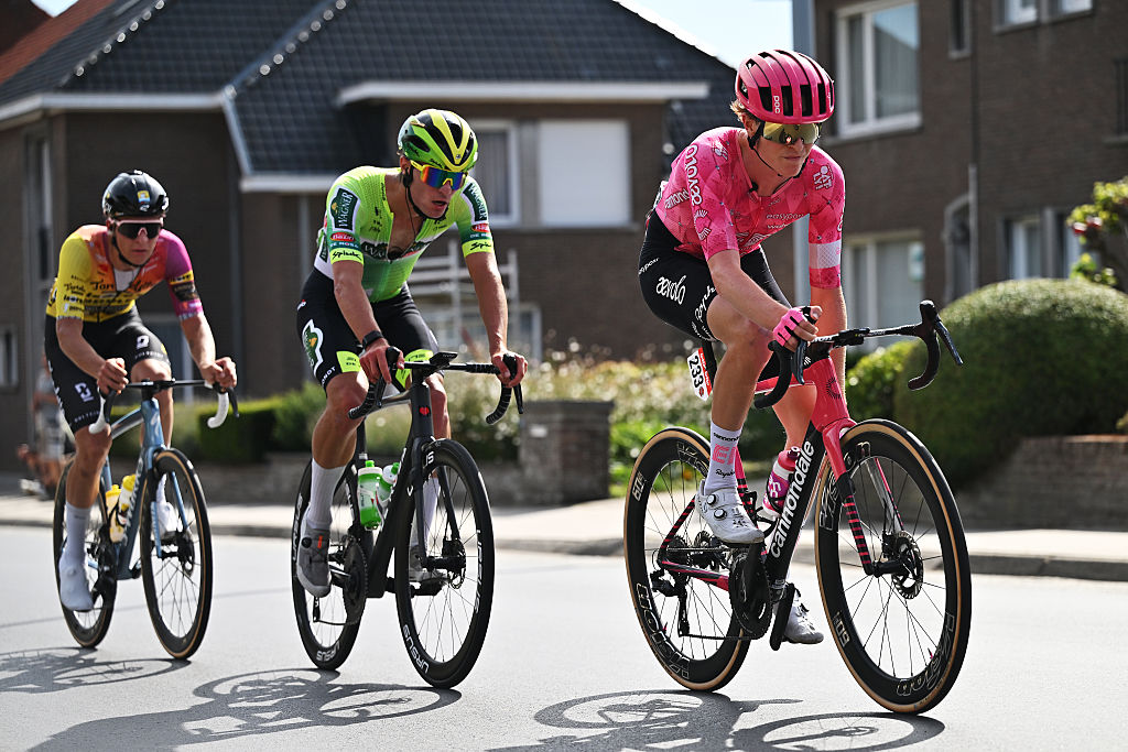 KOOLSKAMP, BELGIUM - SEPTEMBER 19: (L-R) Jelle Vermoote of Belgium and Team Wagner Bazin WB and Gavin Hlady of United States and Team EF Education - Aevolo compete in the breakaway during the 109th Kampioenschap van Vlaanderen 2025 a 180.2km one day race from Koolskamp to Koolskamp on September 19, 2025 in Koolskamp, Belgium. (Photo by Luc Claessen/Getty Images)