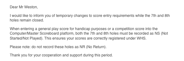 An email from a golf club explaining what to do with scorecards if certain holes are out of play