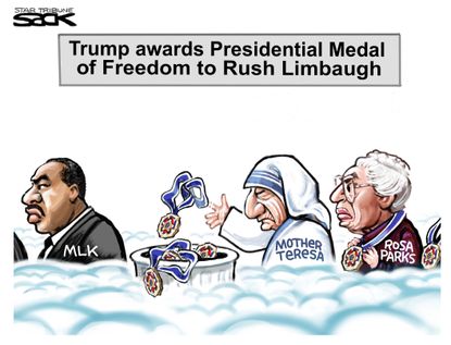 Political Cartoon U.S. Trump Medal of Freedom trashed Rush Limbaugh