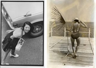 Left: Black and white image of a young lady smiling for the camera in seventies clothing, bonnet of a car of the same era in shot Right: Vintage colour image, lady in a swimsuit and hat holding a plant branch in a metal stand, stood on a wooden pier, sea and sky in the backdrop