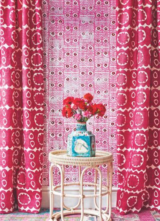 bold cerise pink country wallpaper and curtains