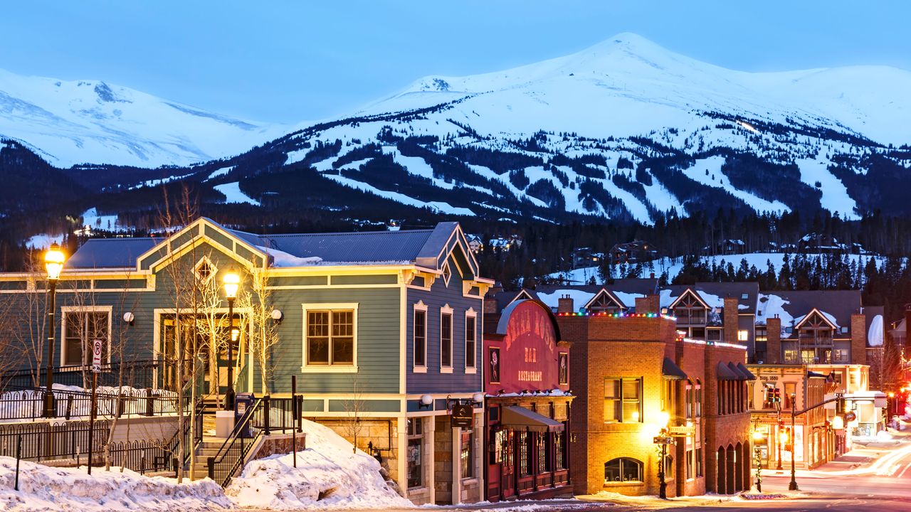 Snow-covered Peak 8, ski area and Downtown Breckenridge, Colorado USA