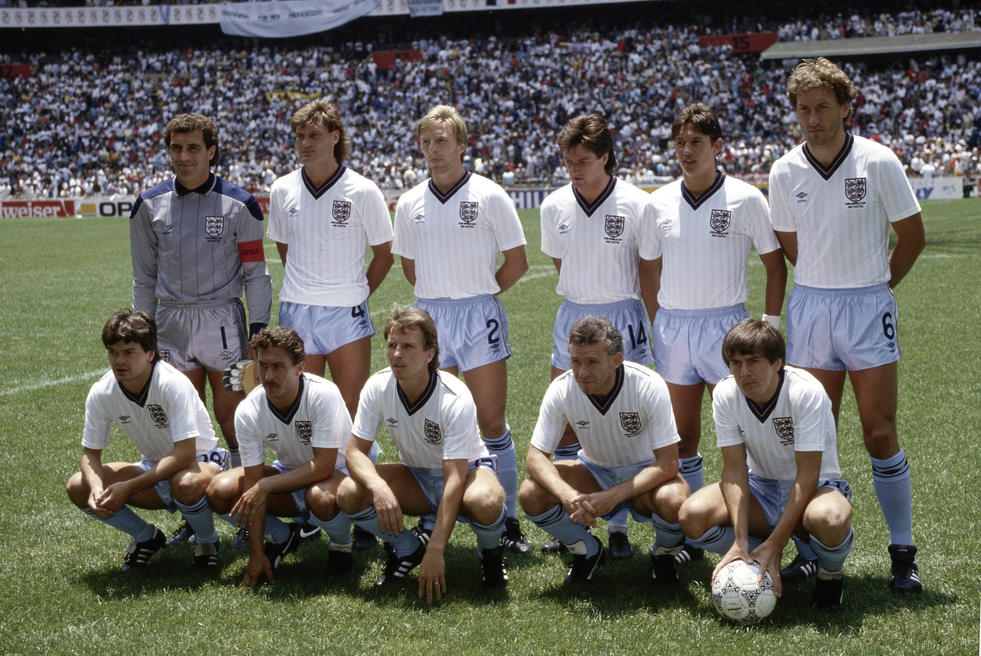 The England team line up for a picture prior to the FIFA 1986 World Cup quarter-finals defeat by Argentina in the Azteca stadium on June 22, 1986 in Mexico City, Mexico, back row left to right Peter Shilton, Glen Hoddle, Gary Stevens, Terry Fenwick, Gary Lineker, Terry Butcher, front row, Steve Hodge, Kenny Sansom, Trevor Steven, Peter Reid and Peter Beardsley