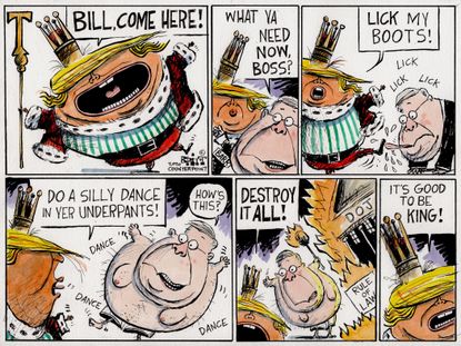 Political Cartoon U.S. Trump William Barr DOJ boot licking king orders