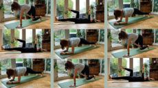 Kerry Law doing core exercises at home on yoga mat collage