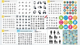 Icons and UI elements are available as themed packs of vector assets, such as these examples from iStock