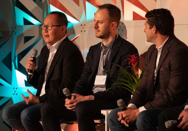 (From l.): Tony Yi of Cadent, Jason Mannigham of Blockgraph and Matthew Van Houten of DirecTV Advertising on the &ldquo;Addressable Advertising Finally Made Easy&rdquo; panel.