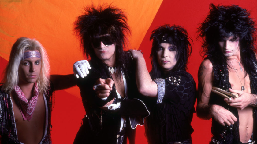 Lead singer Vince Neil, bassist Nikki Sixx, lead guitarist Mick Mars and drummer Tommy Lee of the American hard rock band Motley Crue pose for a studio portrait at the Joe Louis Arena during the Theater of Pain tour, on September 15, 1985, in Detroit, Michigan.