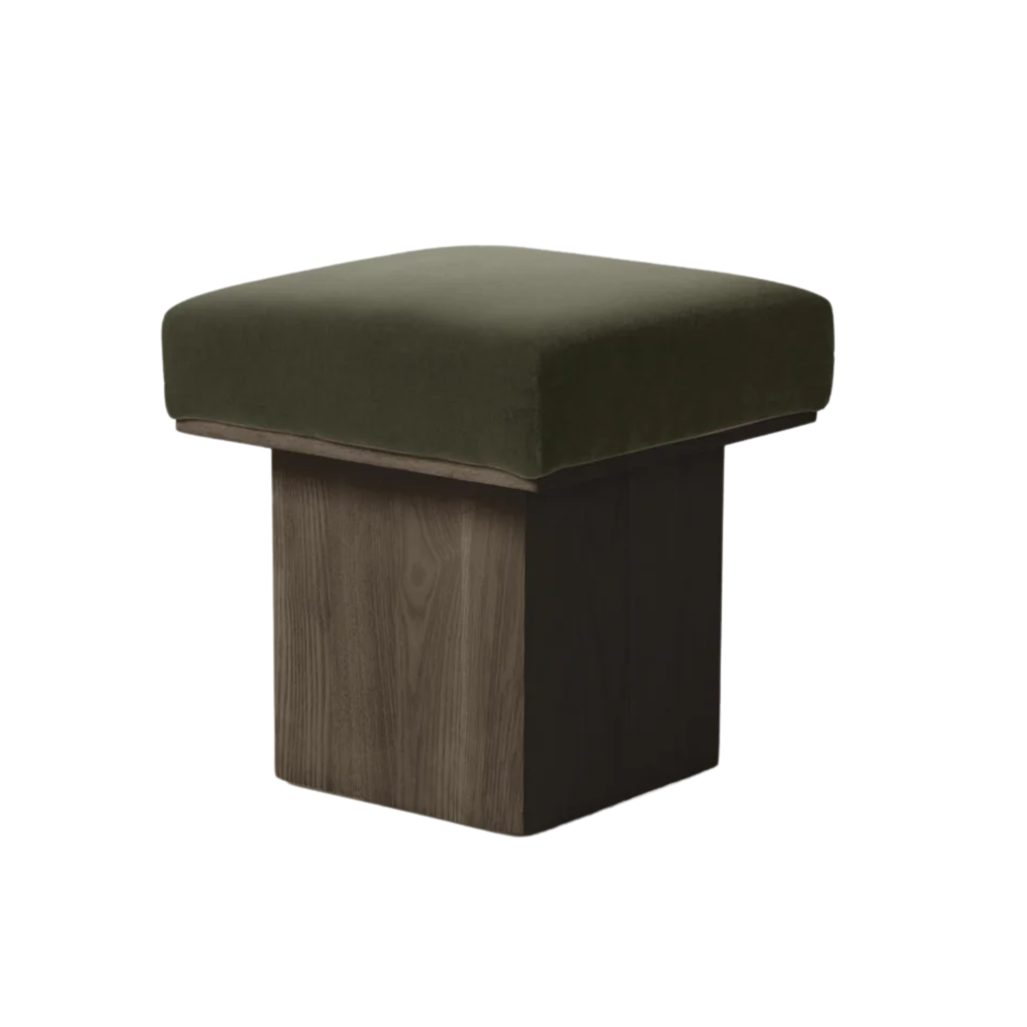 ottoman with a wooden base and green velvet upholstery 