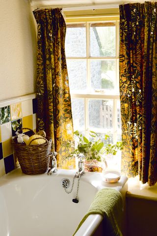 vintage bathroom with yellow curtains
