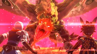 The player and their Buddy engage an enraged Rathian in Monster Hunter Stories 2