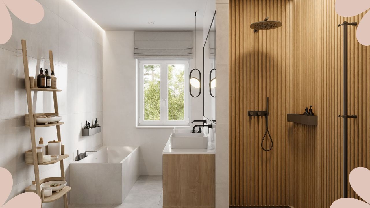 japandi bathroom with clean lines and wooden panelled walls