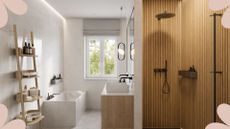 japandi bathroom with clean lines and wooden panelled walls