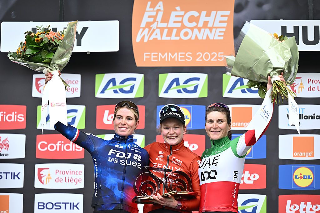 HUY BELGIUM APRIL 23 LR Demi Vollering of Netherlands and Team FDJ SUEZ on second place race winner Puck Pieterse of Netherlands and Team FenixDeceuninck and Elisa Longo Borghini of Italy and UAE Team ADQ on third place pose on the podium ceremony after the 28th La Fleche Wallonne Feminine 2025 a 1407km one day race from Huy to Huy UCIWWT on April 23 2025 in Huy Belgium Photo by Luc ClaessenGetty Images