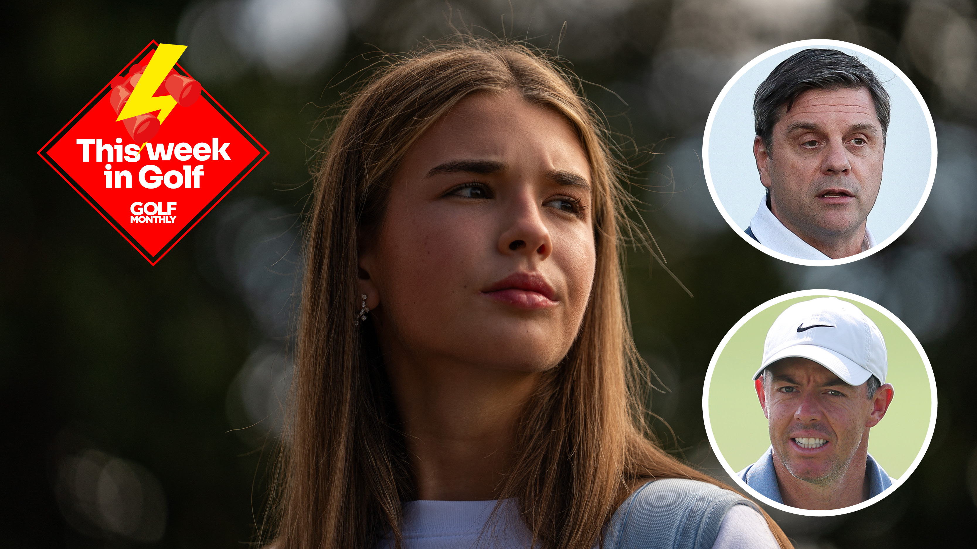 Main image of Kai Trump with inset headshots of Brian Rolapp (top right) and Rory McIlroy (bottom right)