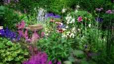 A lovely scene of a cottage garden in East Hampton with flowers blooming against greenery and an old bird bath.