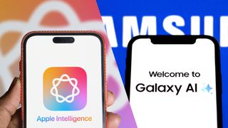 A side-by-side of two phones, one with Apple Intelligence and one with Galaxy AI