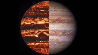 Jupiter’s banded appearance is created by the cloud-forming “weather layer.” This composite image shows views of Jupiter in (left to right) infrared and visible light taken by the Gemini North telescope and NASA’s Hubble Space Telescope, respectively.