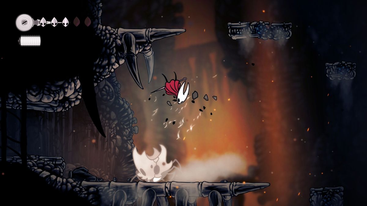Hornet bounces off an enemy with a skull shell in Hollow Knight: Silksong in The Marrow