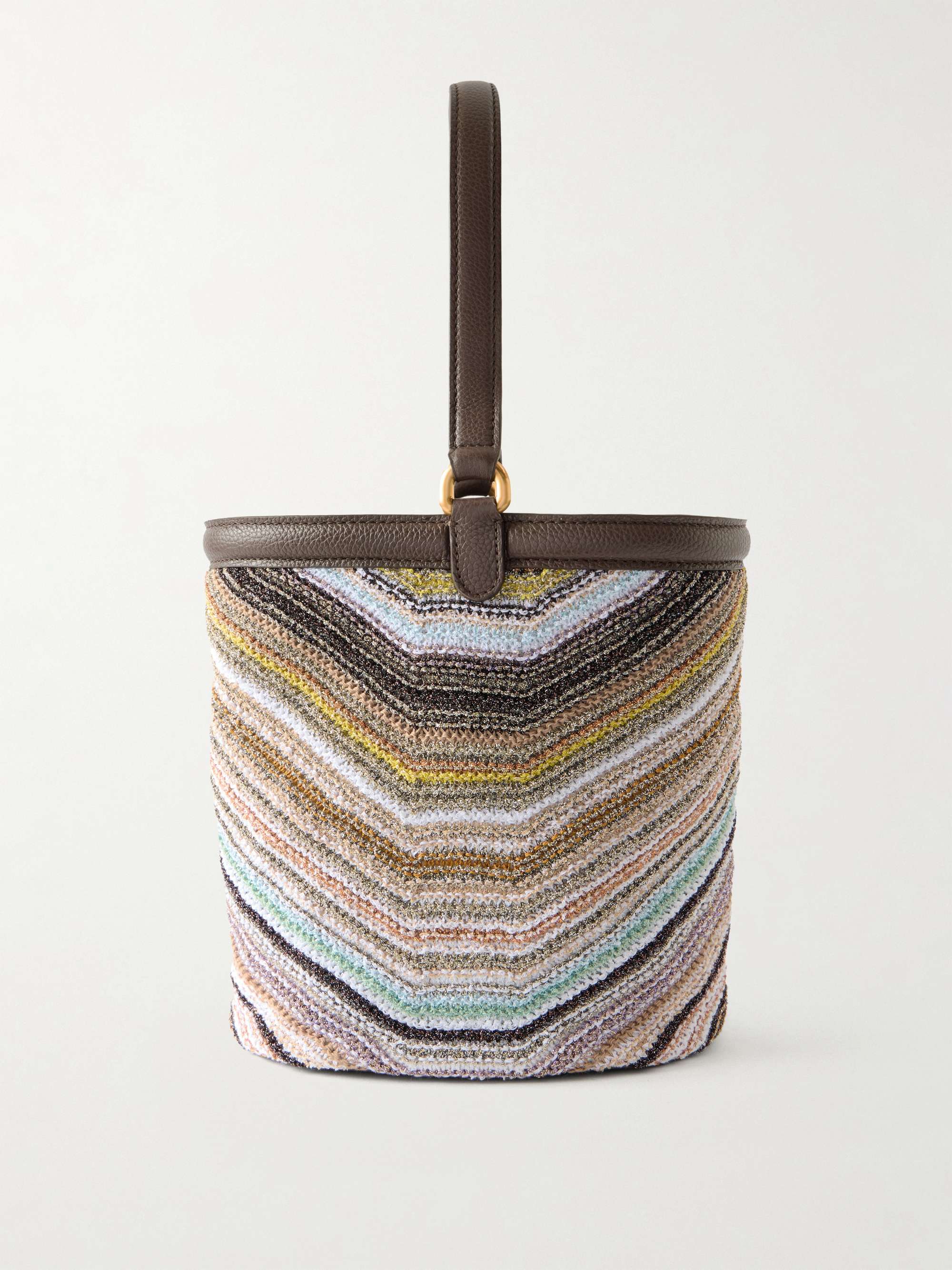 Leather-Trimmed Metallic Crochet-Knit Tote