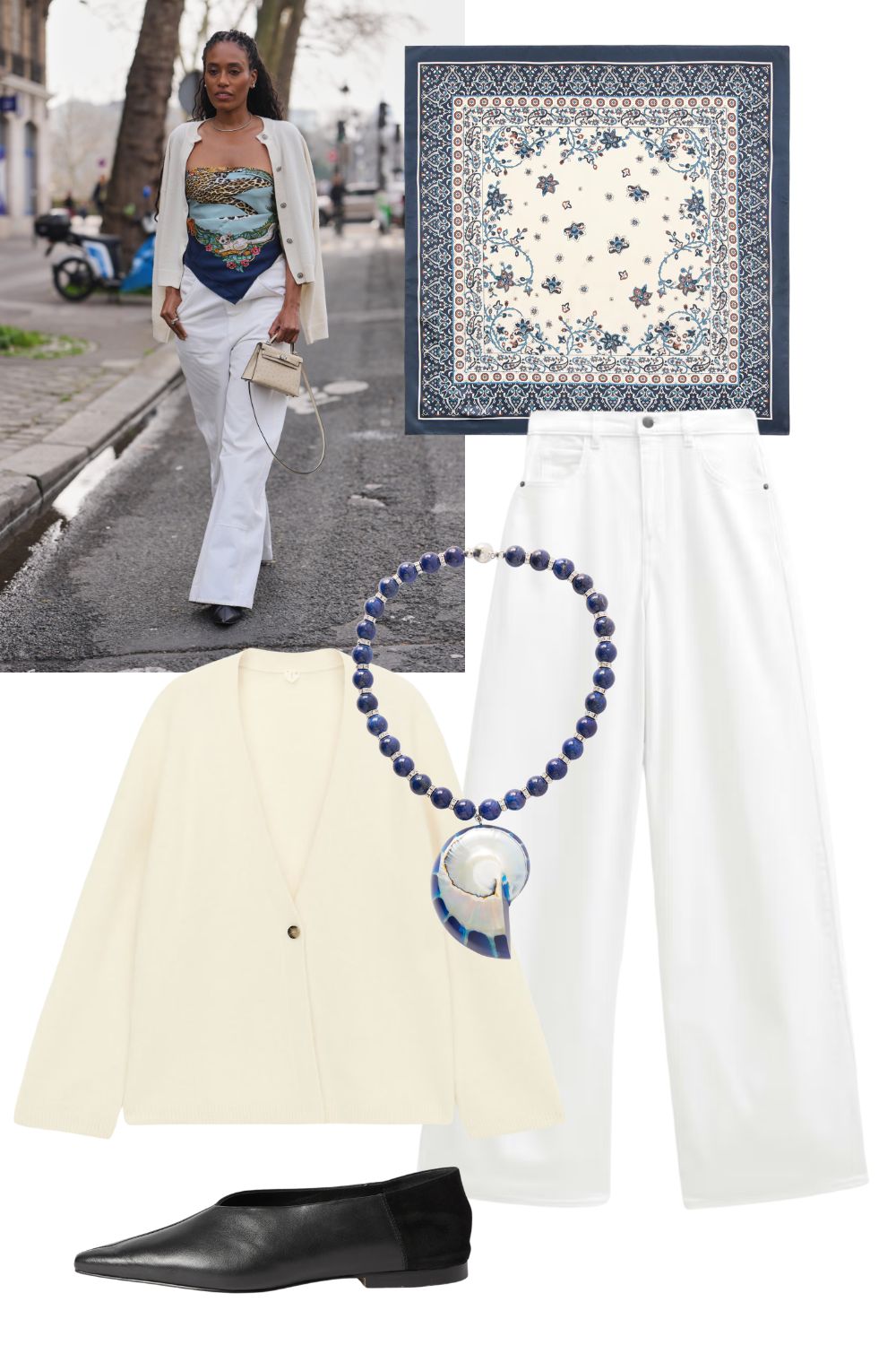 flat lay cutout images of how to style a silk scarf outfit idea