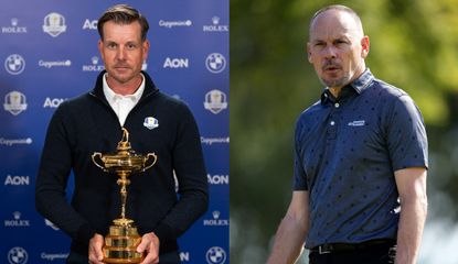 Stenson holds the Ryder Cup, Lee looks on and winces 