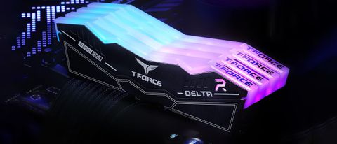 A set of TeamGroup T-Force Delta RGB DDR5 RAM modules in a motherboard