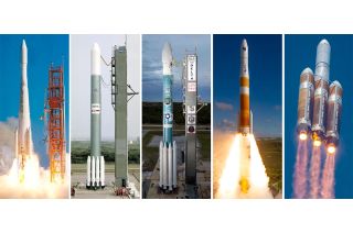 photo collage of five rockets on the pad, three of which are launching.
