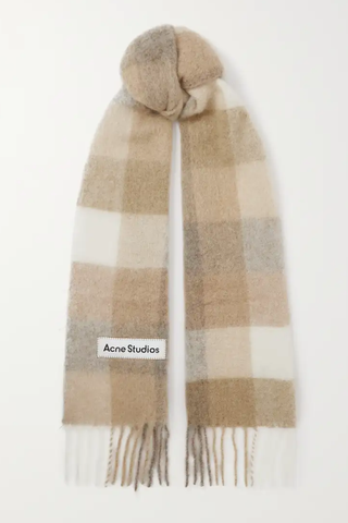 Acne Studios Appliquéd fringed checked brushed-knit scarf