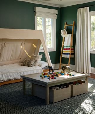 kids room with green walls and tent bed