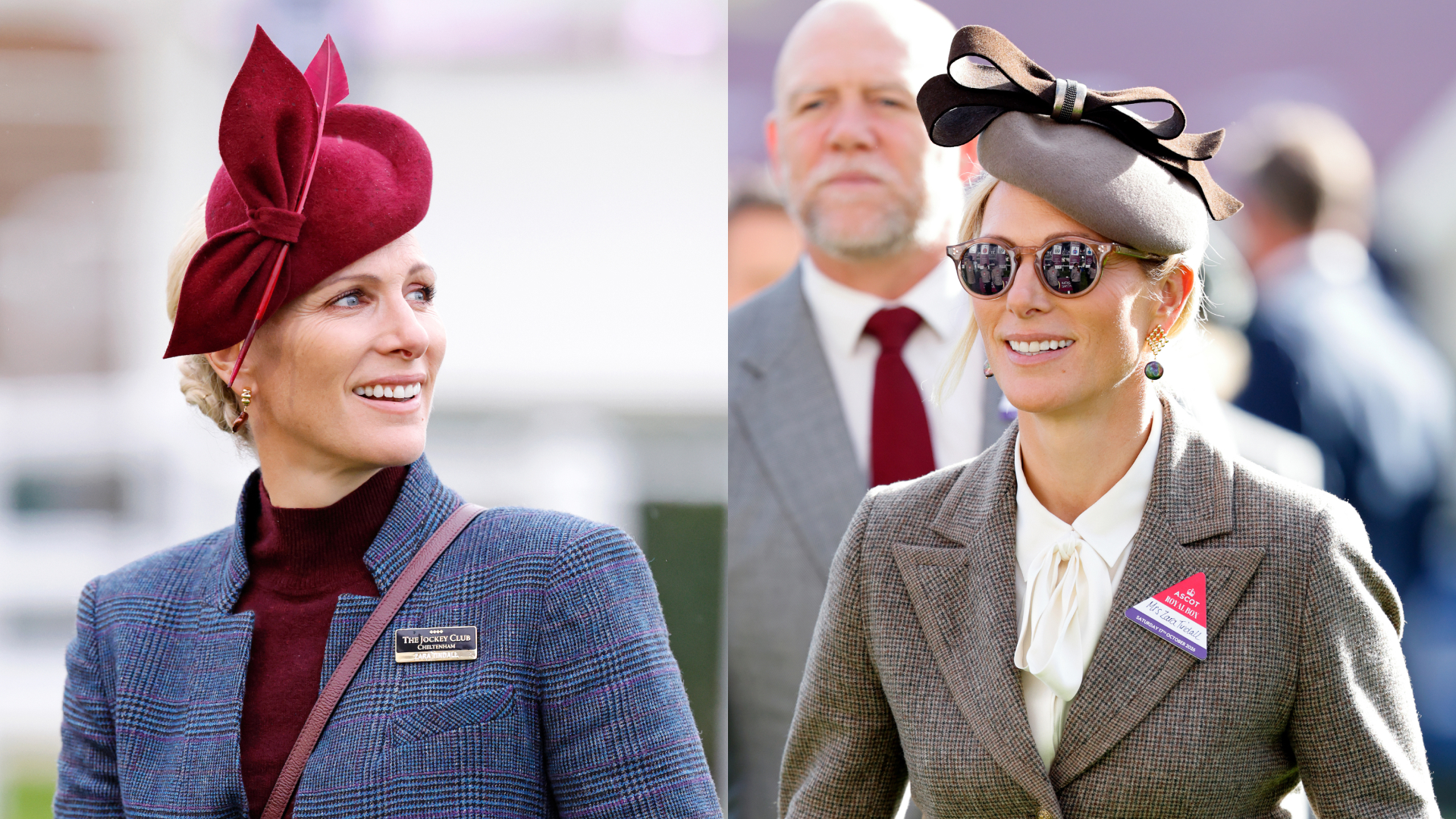 A split image of Zara Tindall in a gray suit and maroon hat and Zara Tindall in a brown blazer and hat