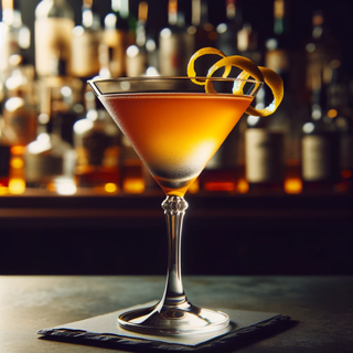 cocktail in a classic martini glass, garnished with a lemon twist. This cocktail features a slight orange hue, indicative of the orange bitters