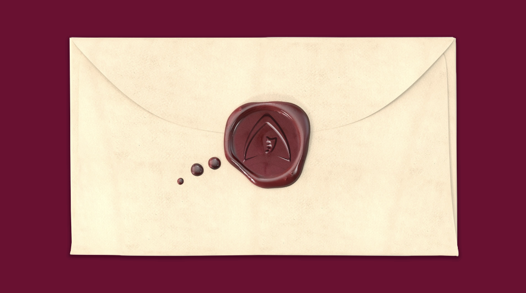 A cream-colored envelope is secured with a dark red wax seal embossed with the iconic hooded mask emblem.