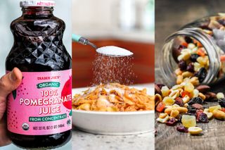 A collage of fruit juice, sugar and dried fruit