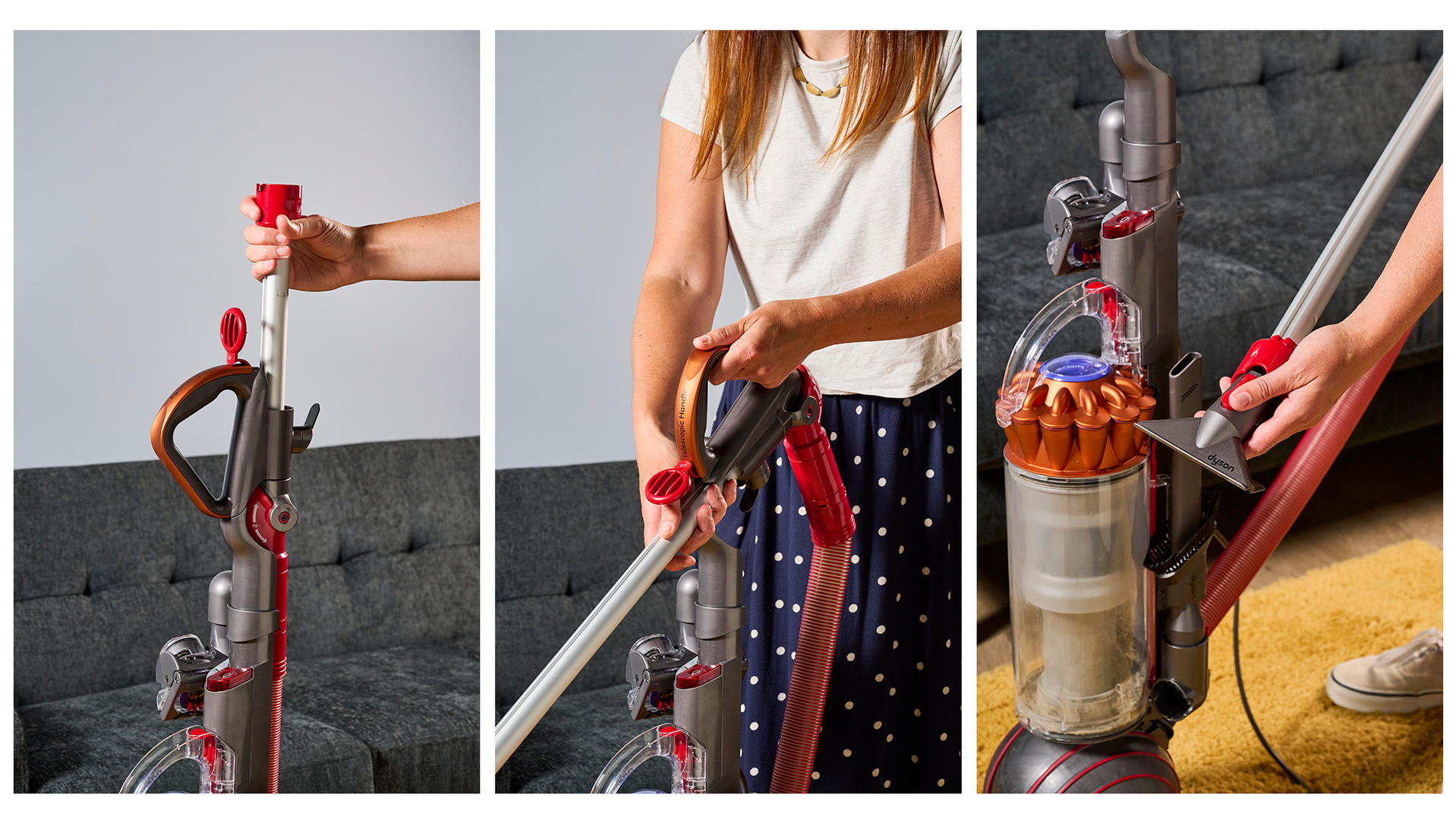 Three images showing how the flexible hose can be extended on the Dyson Ball Animal upright vacuum cleaner