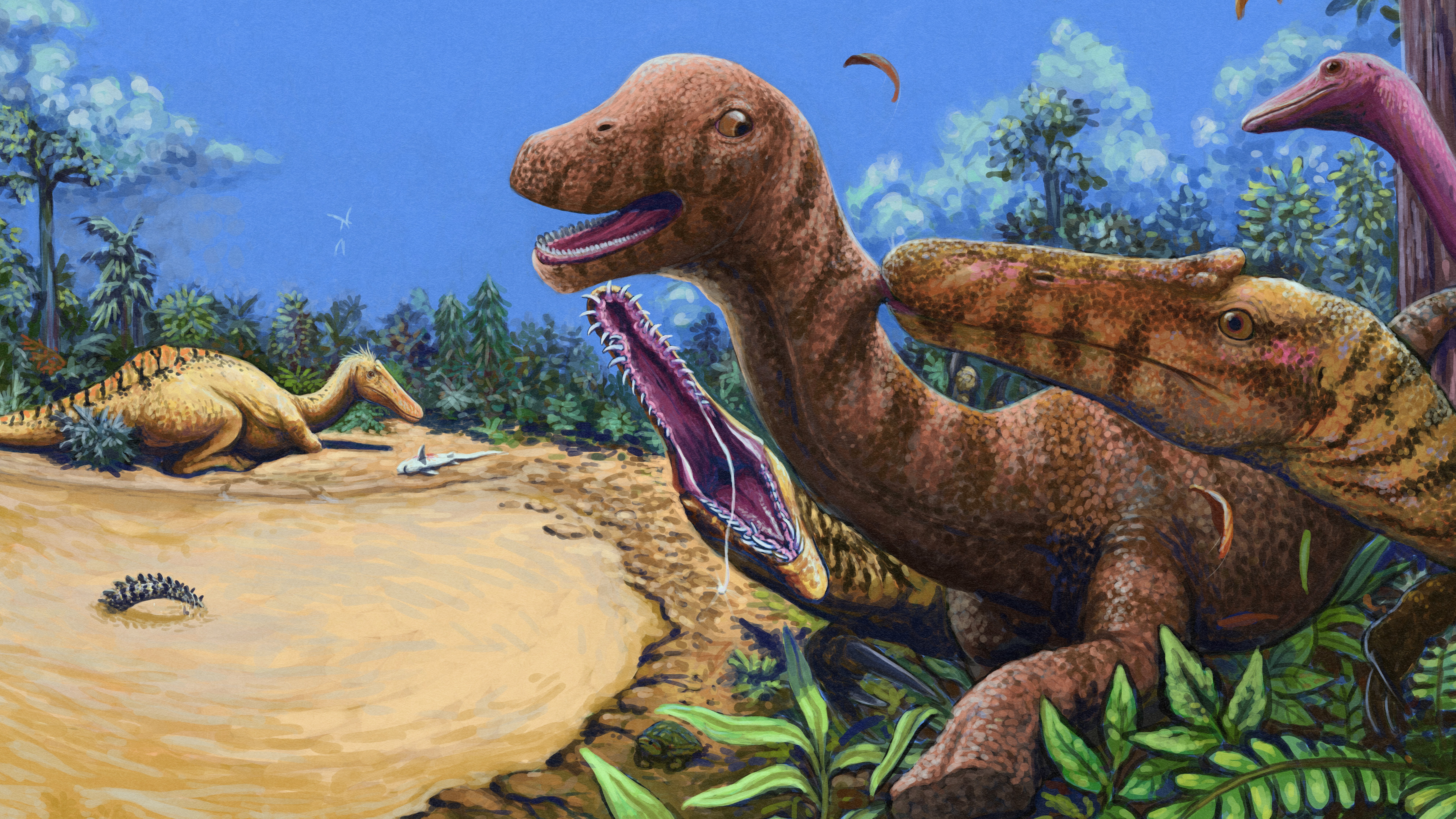 An illustration of two young spinosaurids hunting a juvenile Phuwiangosaurus in Cretaceous Thailand. A large adult spinosaurid rests in the background beside a body of water, while two feathered Kinnareemimus are depicted by trees. 