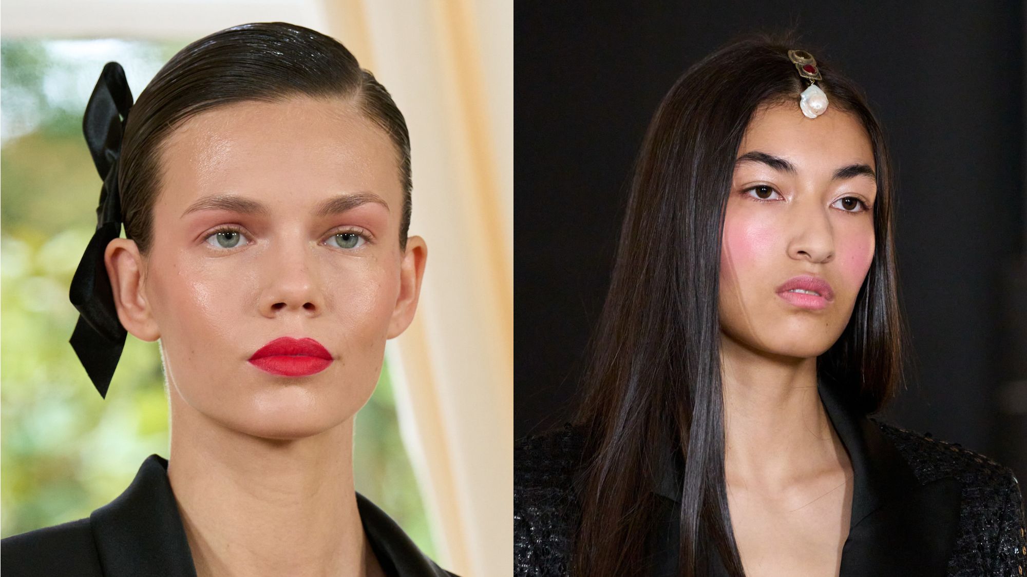 Two people wearing bright blush and lipstick.